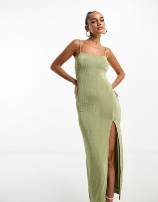 Parallel Lines thigh split fitted maxi dress in olive-Green