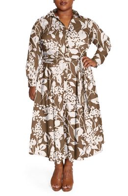 Pari Passu Floral Long Sleeve Poplin Shirtdress in Brown/Cream