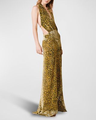Paris Cutout Leopard Velvet Plunging Gown