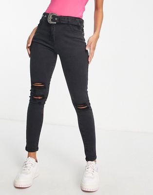 Parisian belted skinny jeans in charcoal-Gray