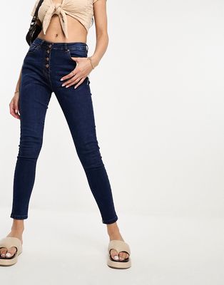 Parisian button front high rise skinny jeans in dark blue