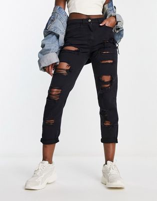 Parisian extreme rip mom jeans in charcoal-Black