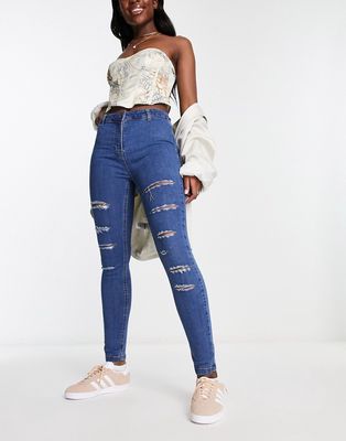 Parisian high waisted multi rip skinny jeans in mid blue