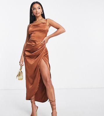 Parisian Petite satin midi dress in brown