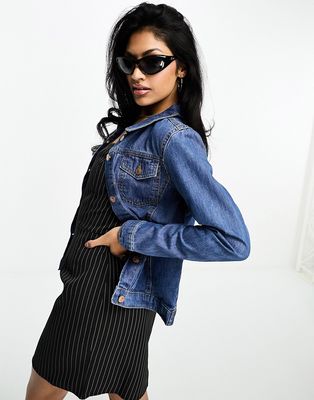 Parisian pleated front denim jacket in mid blue