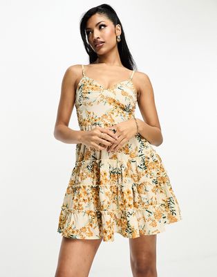 Parisian tiered cami strap swing dress in yellow floral print-Multi
