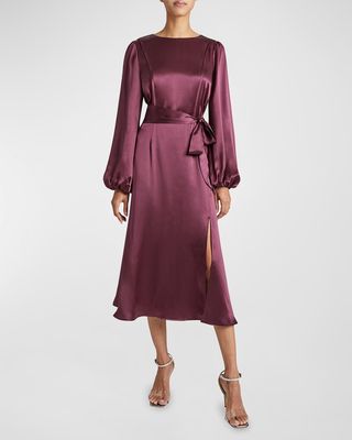 Parker Blouson-Sleeve Silk Charmeuse Midi Dress