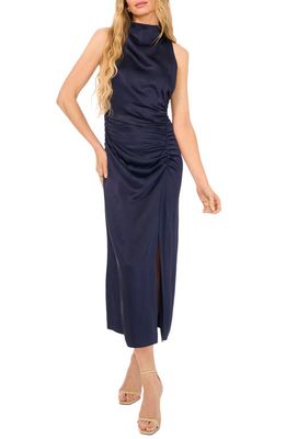 Parker The Ayla Ruched Satin Midi Dress in Classic Navy Blue