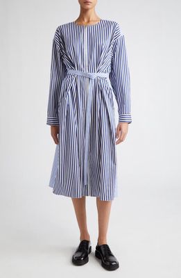 PARTOW Demi Mixed Stripe Long Sleeve Cotton Sateen Shirtdress in Navy Stripe