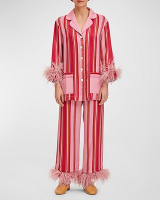Party Striped Feather-Trim Pajama Set