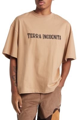 Pas Une Marque Oversize Embroidered Terra Incognita T-Shirt in Camel