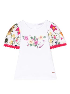 Patachou botanical-print crochet-trim T-shirt - White