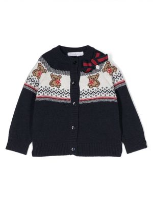 Patachou bow-detail intarsia-knit cardigan - Blue