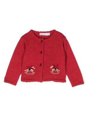 Patachou bow-detail intarsia-knit cardigan - Red