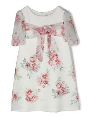 Patachou floral-appliqué rose-print dress - White