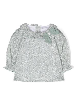 Patachou floral-print ruffle-collar cotton blouse - Green