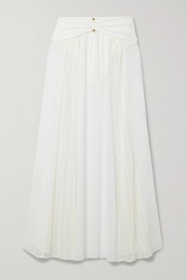 PatBO - Embellished Crochet-trimmed Chiffon Maxi Skirt - White