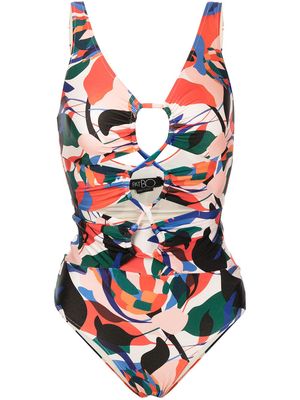 PatBO Moscow abstract-print lace-up swimsuit - Multicolour