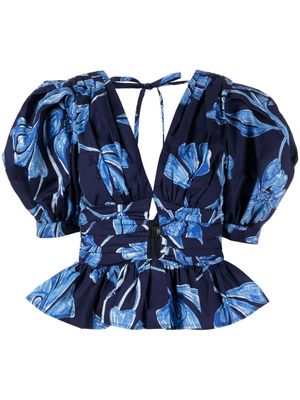 PatBO Nightflower cotton peplum blouse - Blue