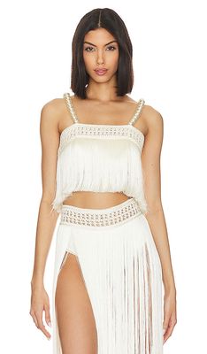 PatBO Pearl Beaded Fringe Crop Top in White