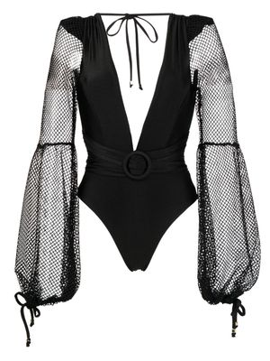 PatBO V-neck netted-sleeves swimsuit - Black