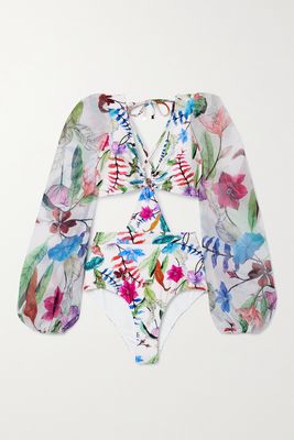 PatBO - Zamia Cutout Chiffon-paneled Floral-print Swimsuit - White