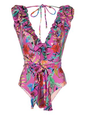 PatBO Zamia ruffle-detail plunge-V-neck swimsuit - Purple