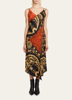 Patch-Print Silk Midi Slip Dress