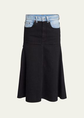Patched Denim Fit-Flare Midi Skirt