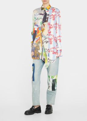 Patchwork-Print Front-Drape Collared Blouse