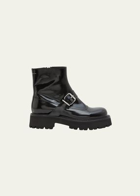 Patent Buckle Biker Ankle Boots