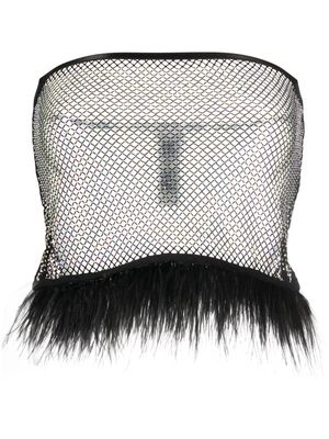 Patrizia Pepe feather-trim rhinestone mesh top - Black