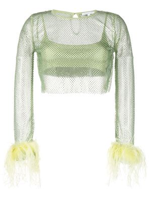 Patrizia Pepe feather-trim rhinestone-mesh top - Green
