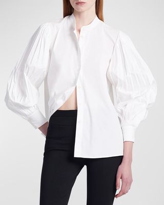 Patsy Pleated Blouson-Sleeve Collared Top