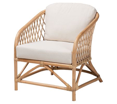 Patsy White Fabric and Natural Brown Rattan Arm chair