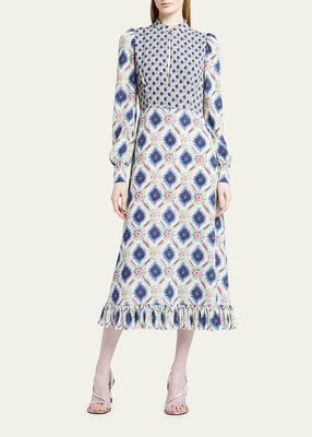 Patterned Midi Dress with Contrast Bib