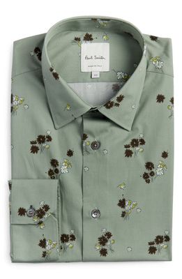 Paul Smith Tailored Fit Floral Cotton Dress Shirt in Olive