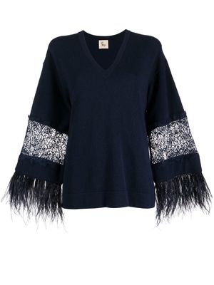 PAULA floral-lace detail knitted top - Blue