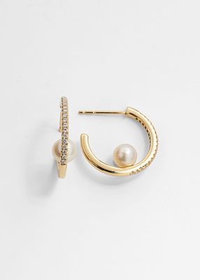 Pave Diamond Hoop Earrings with Freshwater Pearls