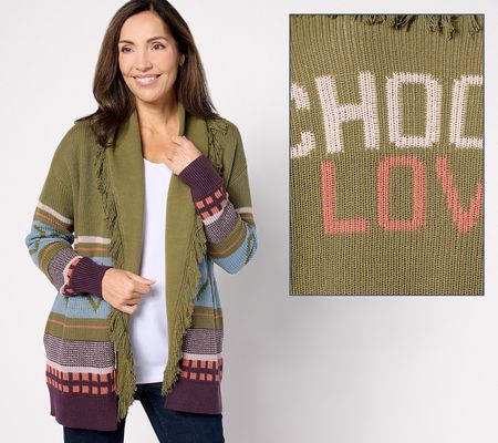 Peace Love World Open-Front Fringe Affirmation Sweater