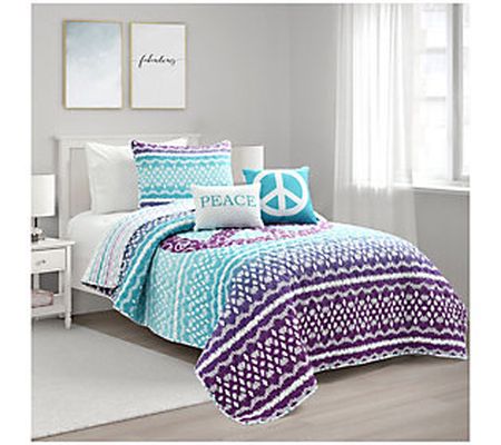 Peace Ombre Reversible Quilt Purple/Blue 4Pc Se t Twin-XL