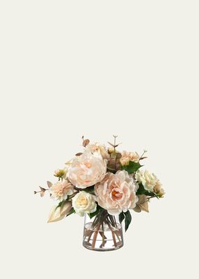 Peach Peonies, Dahlias, and Roses 14" Faux Floral Arrangement in Tapered Glass Vase