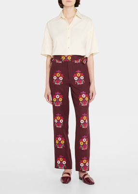 Peacock-Embroidered Linen Trousers