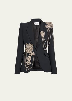 Peak Shlouder Blazer Jacket with Floral Crystal Chain Detail