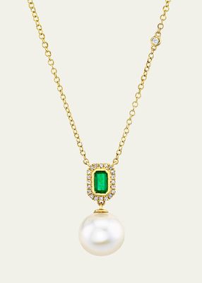 Pearl and Emerald Halo Drop Necklace with Diamonds