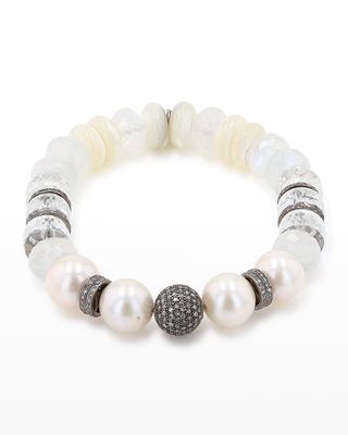 Pearl, Quartz, Rainbow Moonstone Bracelet with Pave Diamonds