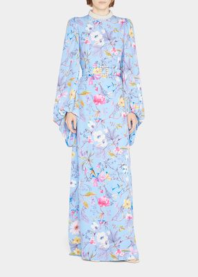 Pearl-Trim Belted Floral-Print Silk Gown