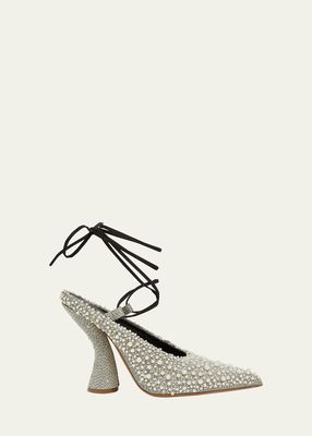 Pearly Beaded Ankle-Tie Mule Pumps