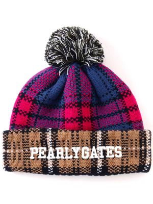 PEARLY GATES logo-embroidered checked pompom beanie