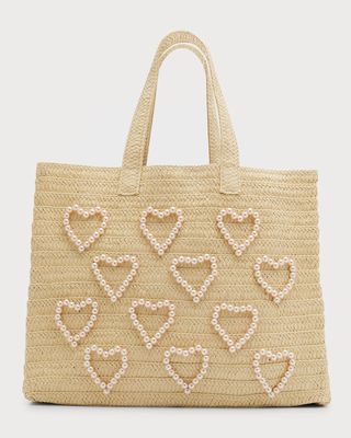 Pearly Heart Straw Tote Bag